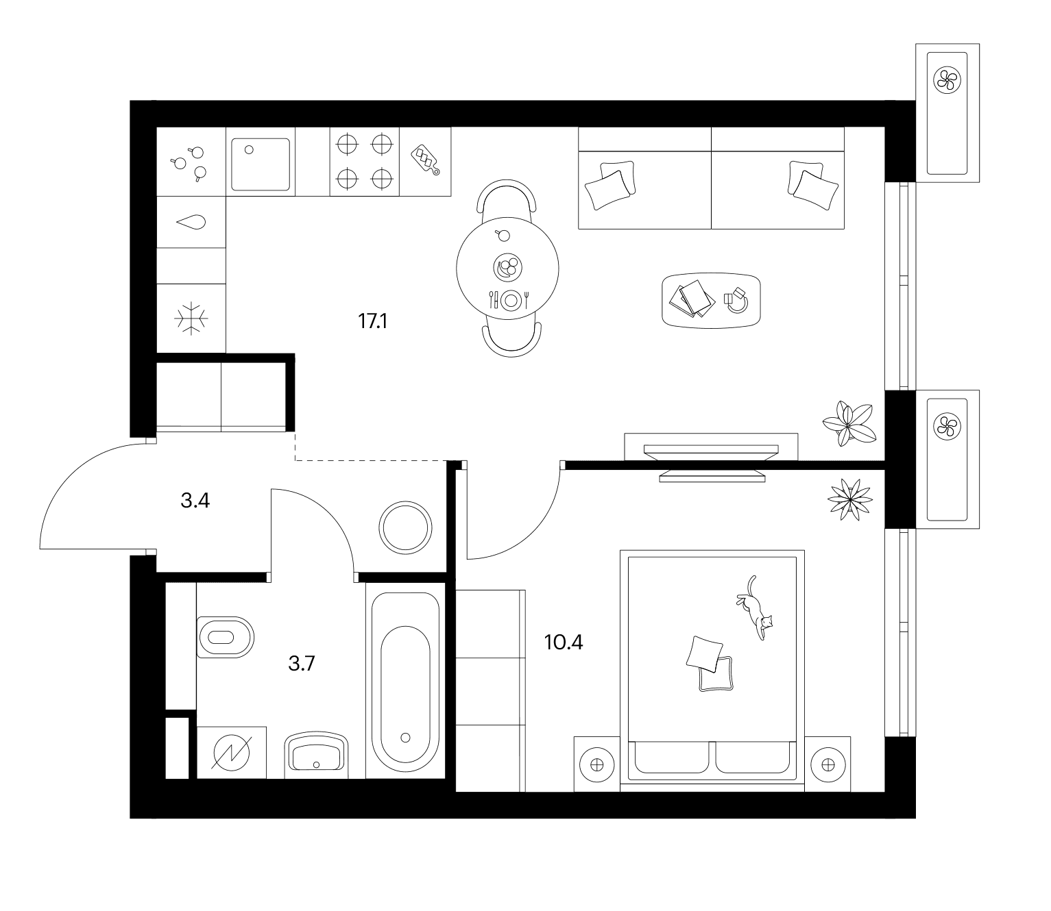 Планировка: 1-комнатная квартира 34,6 м² в ЖК «Ярославский»