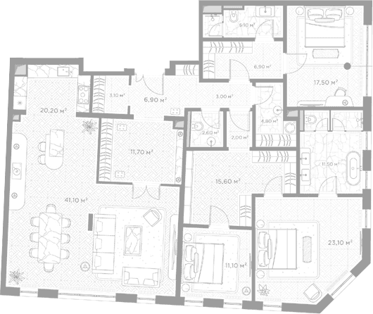 Планировка: 2-комнатная квартира 186,2 м² в ЖК «Николь»