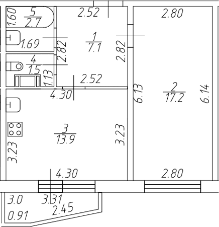 Планировка: 1-комнатная квартира 42,4 м² в ЖК «Тандем»