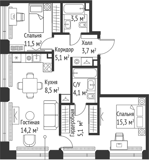 Планировка: Евротрёшка 70,9 м² в ЖК «СЕТ»