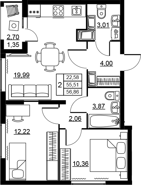 Планировка: Евротрёшка 55,5 м² в ЖК «Высота. Новодевяткино»
