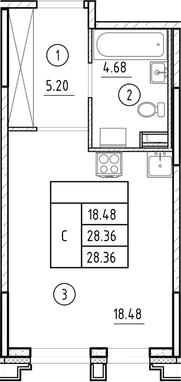 Планировка: Студия 28,4 м² в ЖК «Ассамблея»