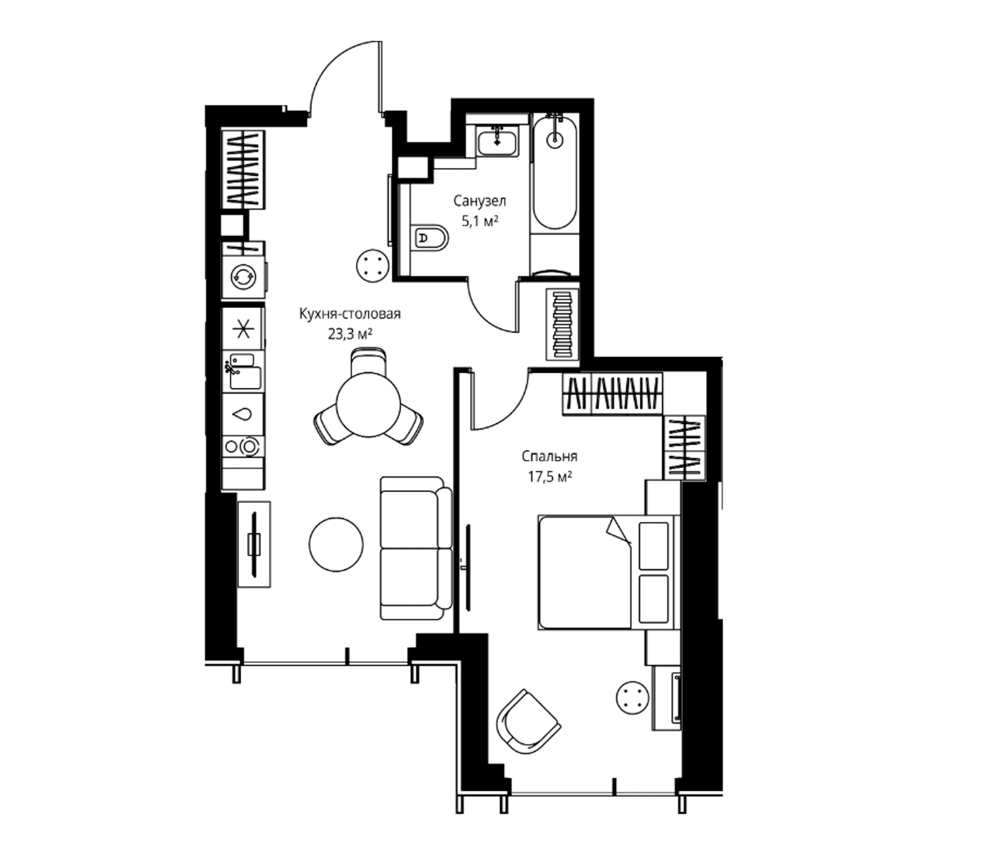 Планировка: Евродвушка 45,9 м² в ЖК «Веер»