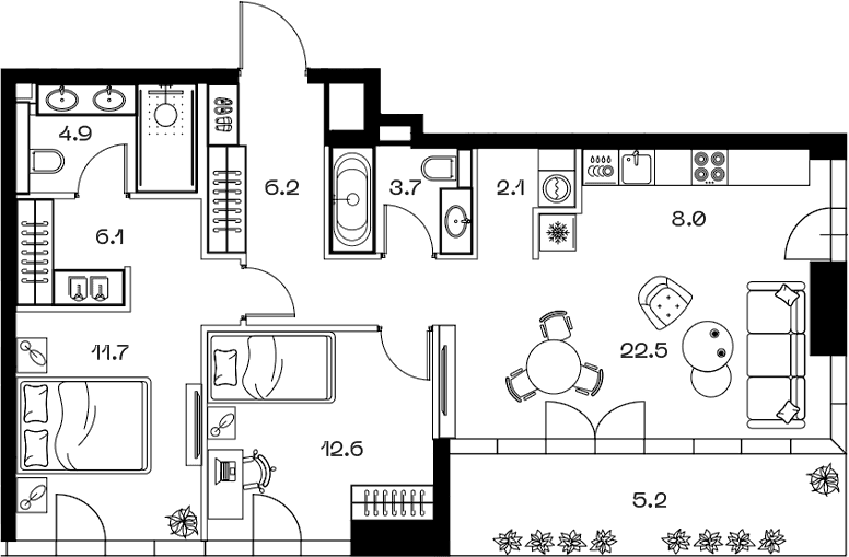 Планировка: Евротрёшка 77,8 м² в ЖК «SHIFT»
