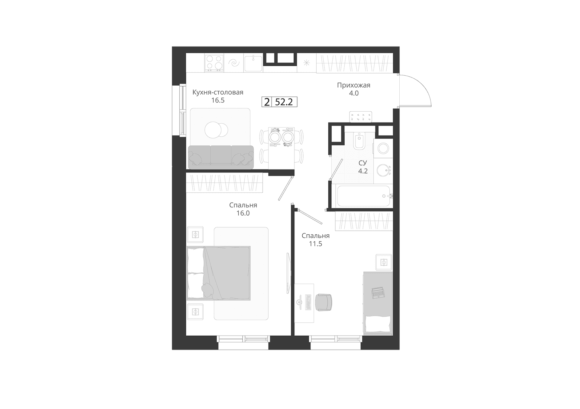 Планировка: Евротрёшка 52,2 м² в ЖК «ГРЭЙ»