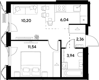 Планировка: Евродвушка 34,1 м² в ЖК «ЭВО»
