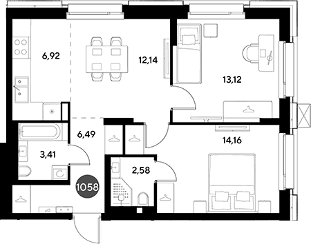 Планировка: Евротрёшка 58,8 м² в ЖК «ЭВО»
