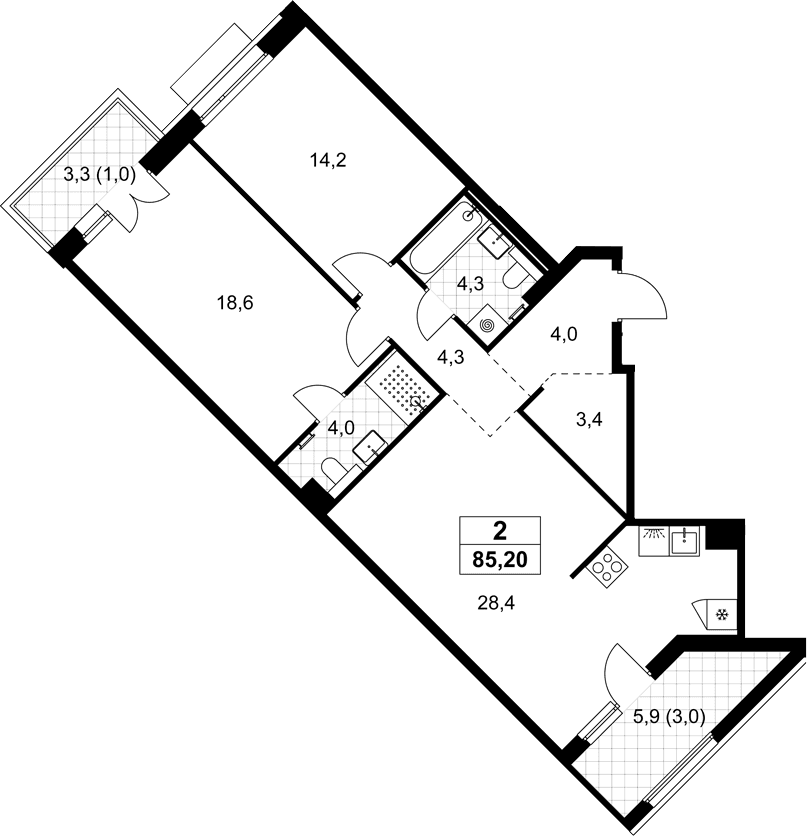 Планировка: Евротрёшка 81,2 м² в ЖК «Хольм»