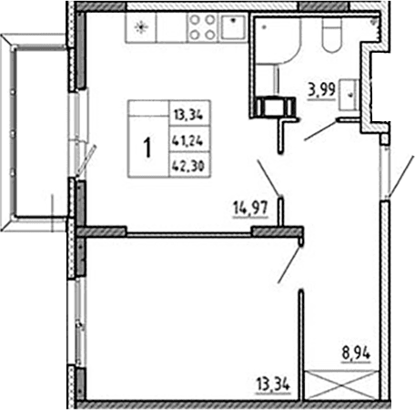 Планировка: 1-комнатная квартира 41,2 м² в ЖК «Аннино Сити»