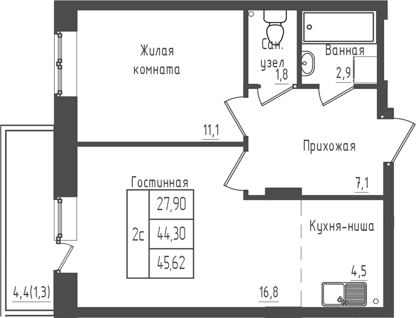 Планировка: 1-комнатная квартира 44,3 м² в ЖК «Зеленый город»