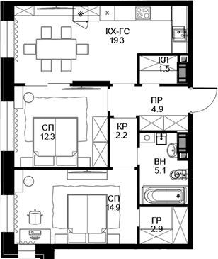Планировка: 2-комнатная квартира 63,1 м² в ЖК «Театральный квартал»