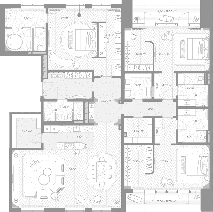 Планировка: 3-комнатная квартира 256,6 м² в ЖК «Николь»