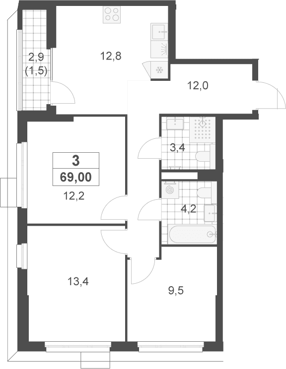 Планировка: 3-комнатная квартира 67,5 м² в ЖК «Скандинавия»