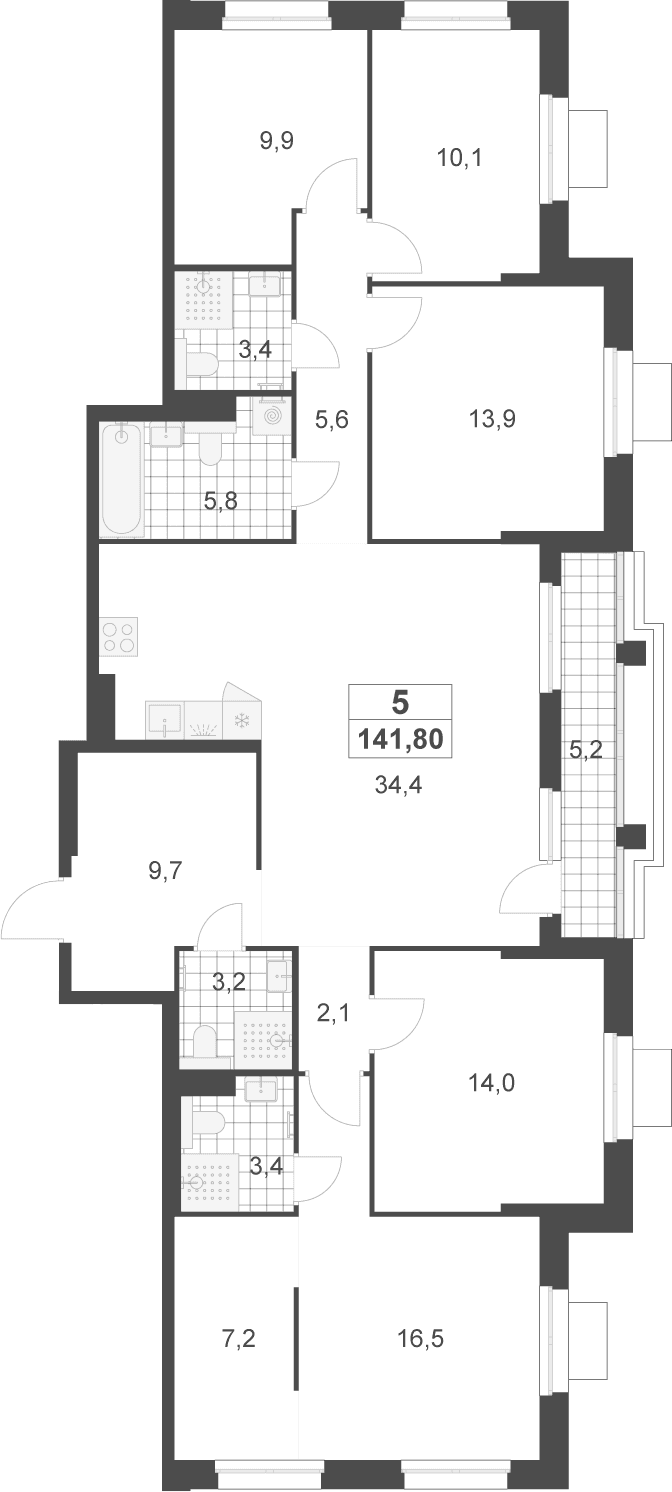 Планировка: 5-комнатная квартира 139,2 м² в ЖК «Деснаречье»