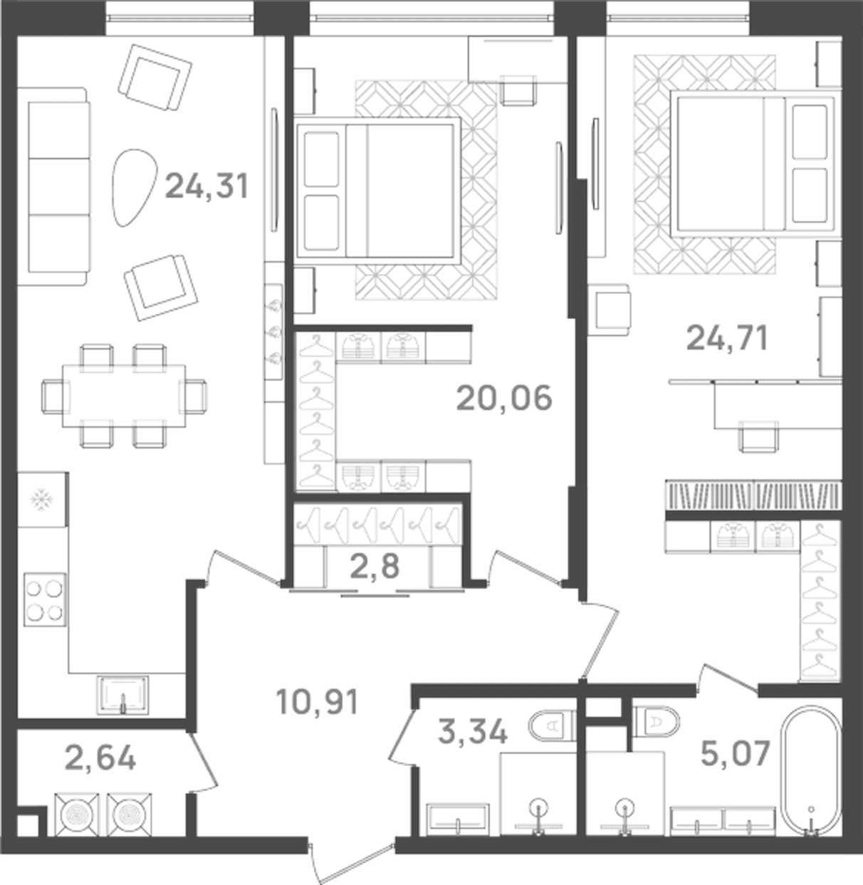 Планировка: Евротрёшка 95,4 м² в ЖК «6 Квартал»