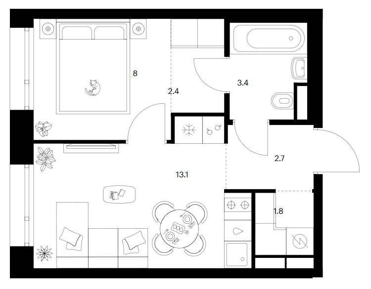 Планировка: 1-комнатная квартира 31,4 м² в ЖК «Москворечье»
