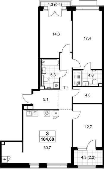 Планировка: Квартира евро-4 102 м² в ЖК «Хольм»