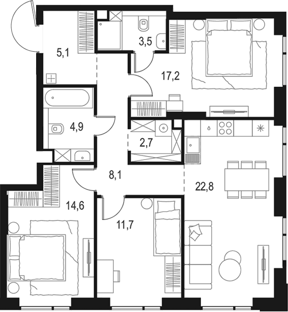 Планировка: Квартира евро-4 90,6 м² в ЖК «Левел Войковская»