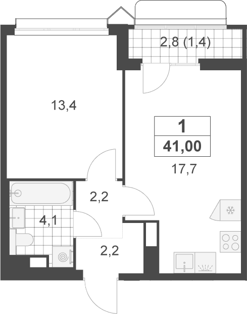 Планировка: Евродвушка 39,6 м² в ЖК «Деснаречье»