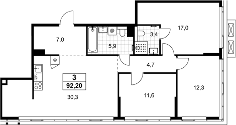 Планировка: Квартира евро-4 91,1 м² в ЖК «Хольм»