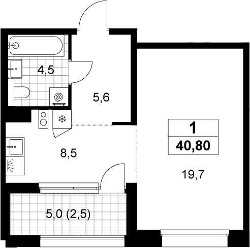 Планировка: 1-комнатная квартира 38,3 м² в ЖК «Хольм»