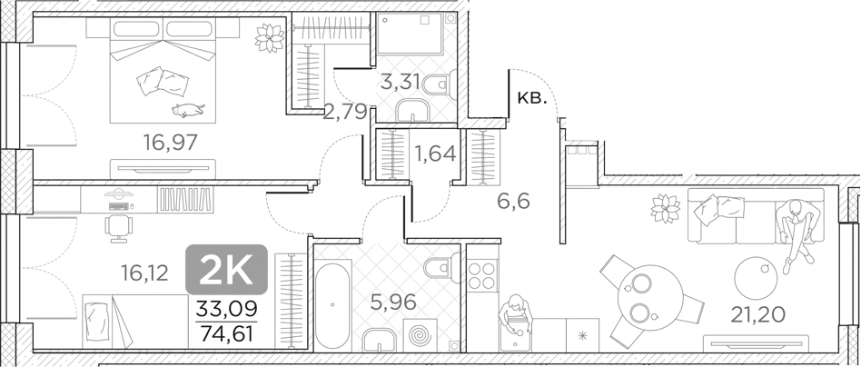 Планировка: Евротрёшка 74,6 м² в ЖК «Гильдия»
