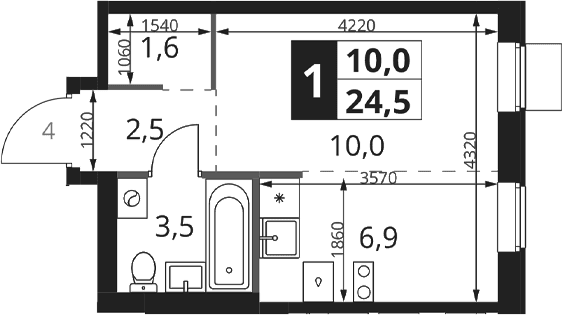 Планировка: Студия 24,5 м² в ЖК «1-й Ясеневский»