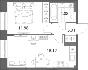 Планировка: Евродвушка 37,1 м² в ЖК «Нева Арт»