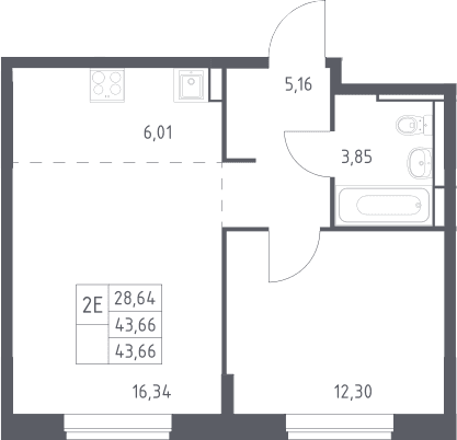 Планировка: Евродвушка 43,7 м² в ЖК «Богдановский лес»
