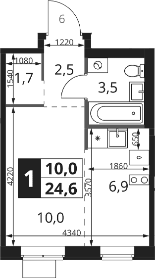 Планировка: Студия 24,6 м² в ЖК «1-й Ясеневский»