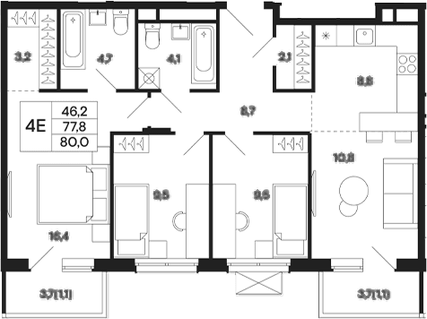 Планировка: Квартира евро-4 77,8 м² в ЖК «Базаева 11»