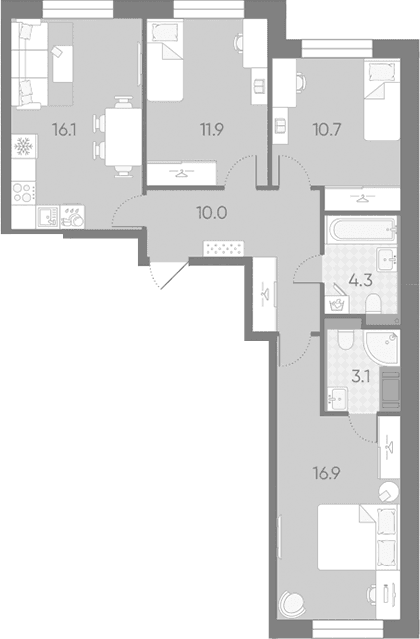 Планировка: Квартира евро-4 73 м² в ЖК «Большая Охта»