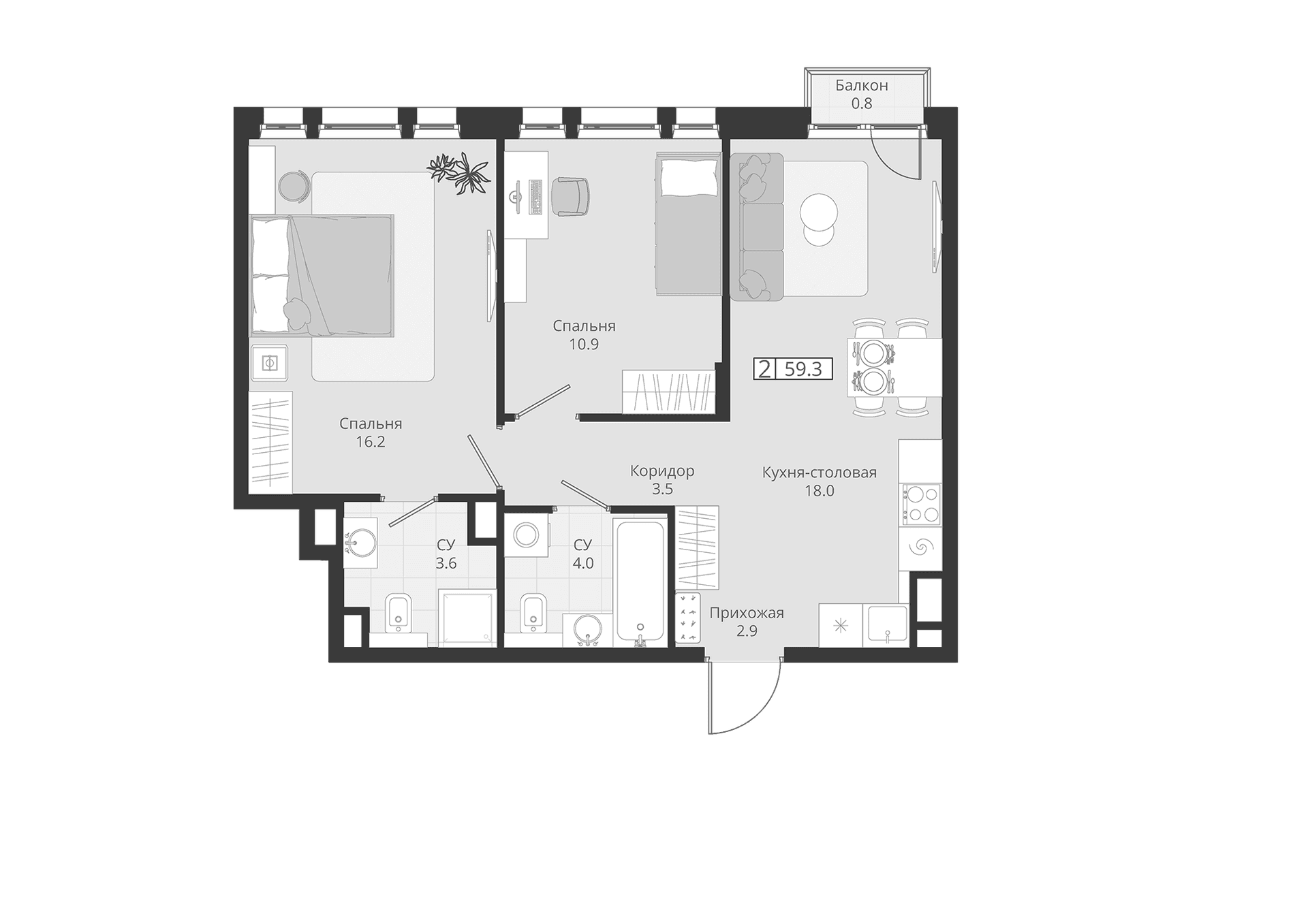 Планировка: Евротрёшка 59,1 м² в ЖК «ГРЭЙ»