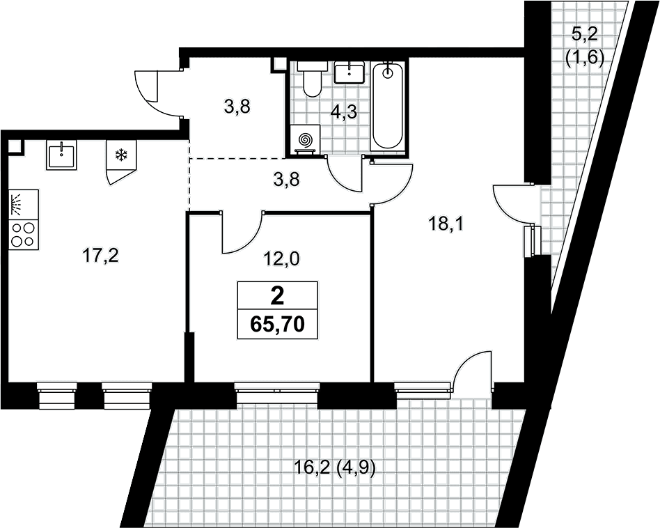 Планировка: Евротрёшка 59,2 м² в ЖК «Прокшино»
