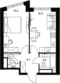 Планировка: 1-комнатная квартира 41,8 м² в ЖК «НЕКСУС от Аквилон»