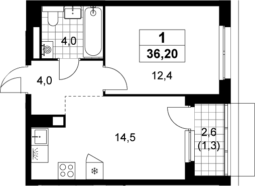 Планировка: 1-комнатная квартира 34,9 м² в ЖК «Деснаречье»