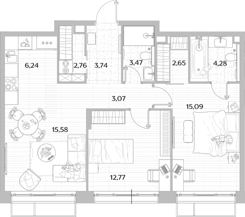 Планировка: Евротрёшка 69,7 м² в ЖК «МЫС»