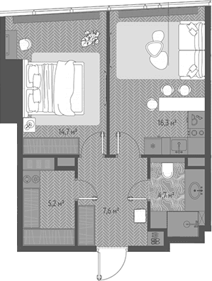 Планировка: Евродвушка 48,6 м² в ЖК «ОНЕ»