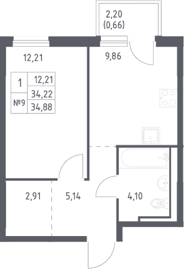 Планировка: 1-комнатная квартира 34,2 м² в ЖК «Невская Долина»