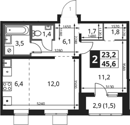 Планировка: Евродвушка 45,2 м² в ЖК «1-й Ясеневский»