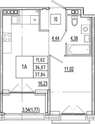 Планировка: Евродвушка 36,1 м² в ЖК «Ranta Residence»