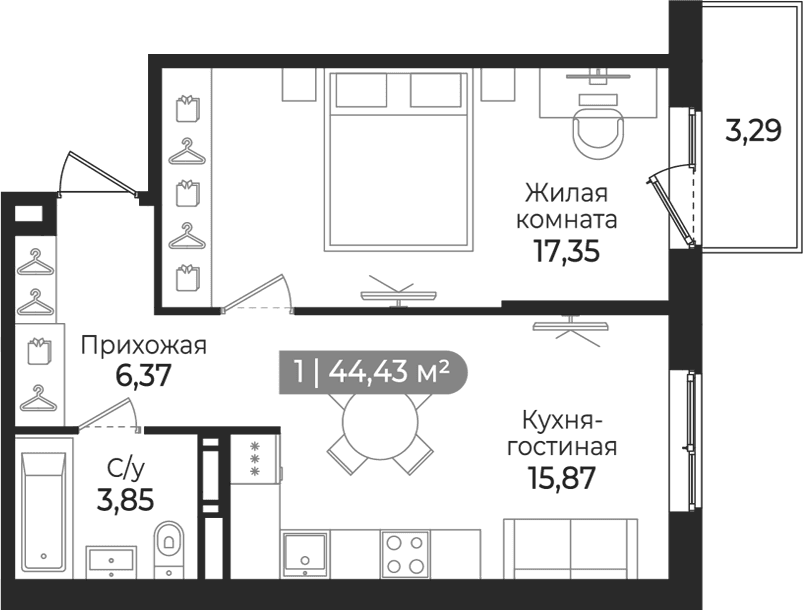 Планировка: Евродвушка 43,4 м² в ЖК «Квинта»