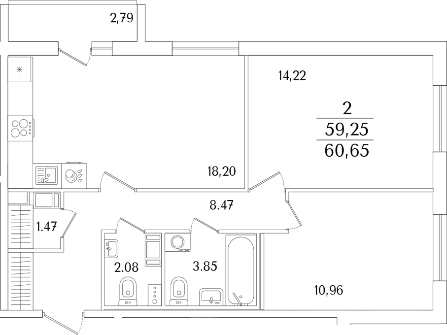 Планировка: Евротрёшка 59,3 м² в ЖК «Кинопарк»