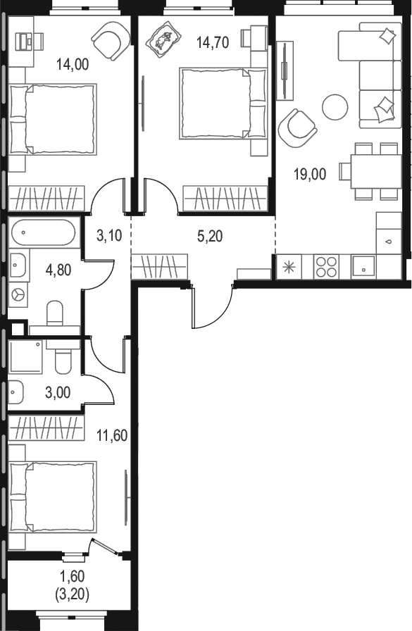 Планировка: Квартира евро-4 75,4 м² в ЖК «Левел Мечникова»