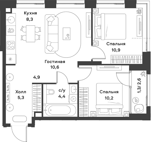 Планировка: Евротрёшка 54,6 м² в ЖК «АЛИА»