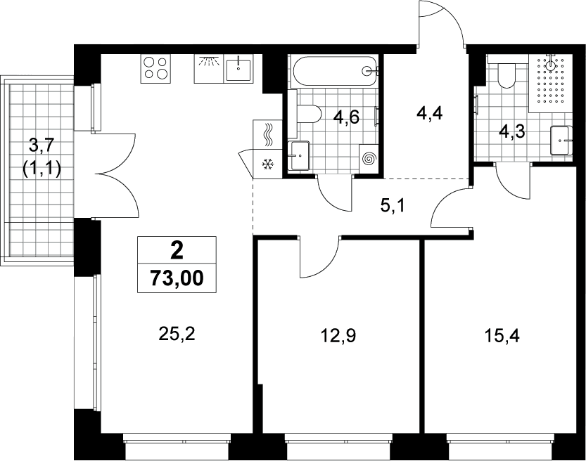 Планировка: Евротрёшка 71,9 м² в ЖК «Хольм»