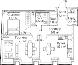 Планировка: 2-комнатная квартира 62 м² в ЖК «СЕЗАР БУДУЩЕЕ»