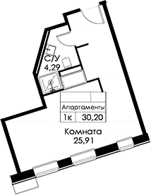 Планировка: Студия 29,1 м² в ЖК «Вольта»