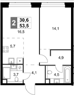 Планировка: Евродвушка 53,5 м² в ЖК «Амбер Сити»