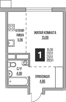 Планировка: Студия 29,5 м² в ЖК «Гранель Притяжение Сити»
